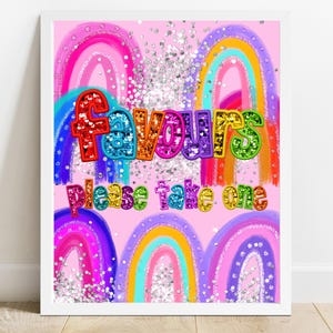 Placa de festa com lembrancinhas, placas de mesa de aniversário 8x10, decoração de aniversário com lantejoulas e glitter arco-íris, placa para impressão, placa digital para download instantâneo