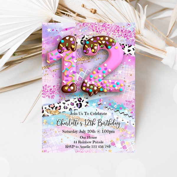 12th Birthday Invitation Girl, Editable Invite, 80's Neon Candy Chocolate Pink Stars Sprinkles Confetti Birthday Invitation, 80sn
