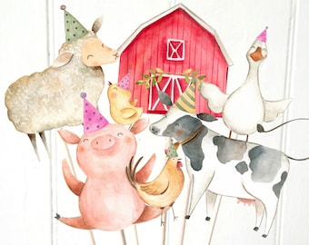 Adornos imprimibles para centros de mesa, adornos para cupcakes de cumpleaños para niñas, adornos para cupcakes de animales de granja, adornos para cumpleaños de animales de granja, cerdo, F2