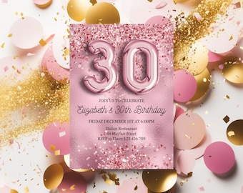 Invito modificabile per il 30° compleanno, download immediato del modello foil per festa con glitter rosa Invito stampabile digitale CAVGG1