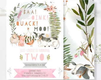 EDITIERBARE druckbare Mädchen 2.Geburtstag, zwei, Einladung, Tiere auf dem Bauernhof, Einladungen auf dem Bauernhof, Benutzerdefinierte Einladung, Kuh, Schwein, Schaf, Ente, fm1