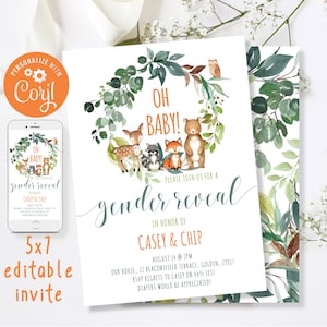 Gender Reveal Invitation, Personalised Woodland Animals Invitation, Gender Reveal Ideas, Gender Neutral Baby Shower Invite, Editable w1