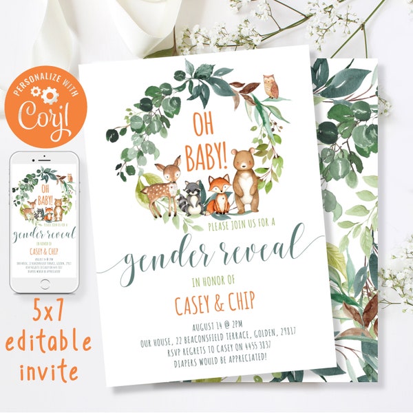 Gender Reveal Invitation, Personalised Woodland Animals Invitation, Gender Reveal Ideas, Gender Neutral Baby Shower Invite, Editable w1