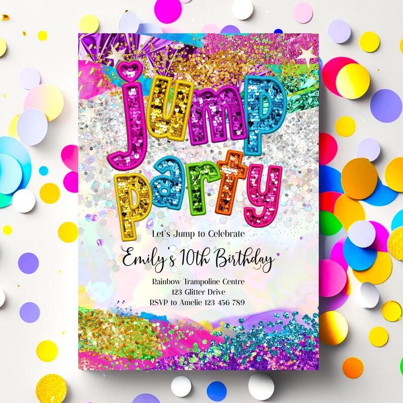 Op de afbeelding: Een kleurrijke uitnodiging voor een verjaardagsfeest met de woorden "Jump Party" in glinsterende letters. De uitnodiging is versierd met een regenboogachtergrond en confetti. De tekst op de uitnodiging luidt: "Let's Jump to Celebrate Emily's 10th Birthday. Rainbow Trampoline Centre 123 Glitter Drive RSVP to Amelie 123 456 789"