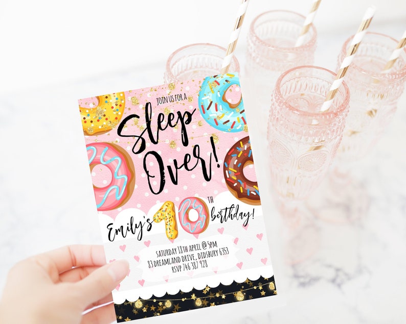 Donut Birthday Invite Girl 10th Birthday Sleepover Party Etsy