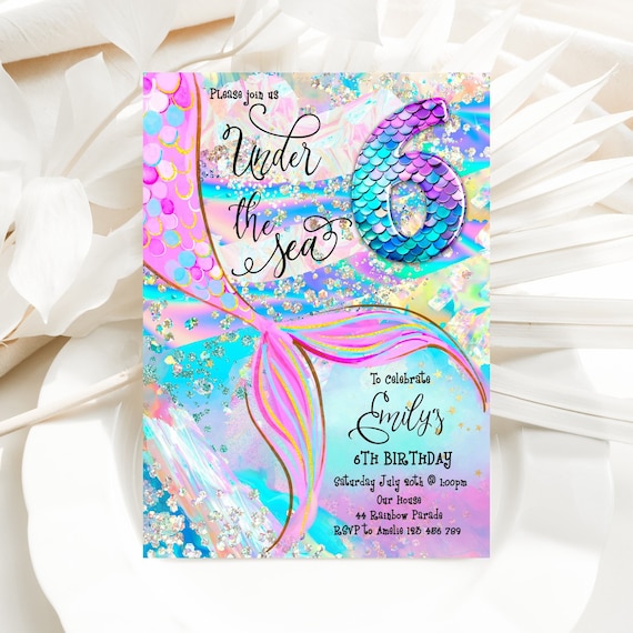 6th Birthday Mermaid Invitation Purple Blue Pink Under The Sea Invite Glitter Editable Birthday Invitation, Holographic, LACU1