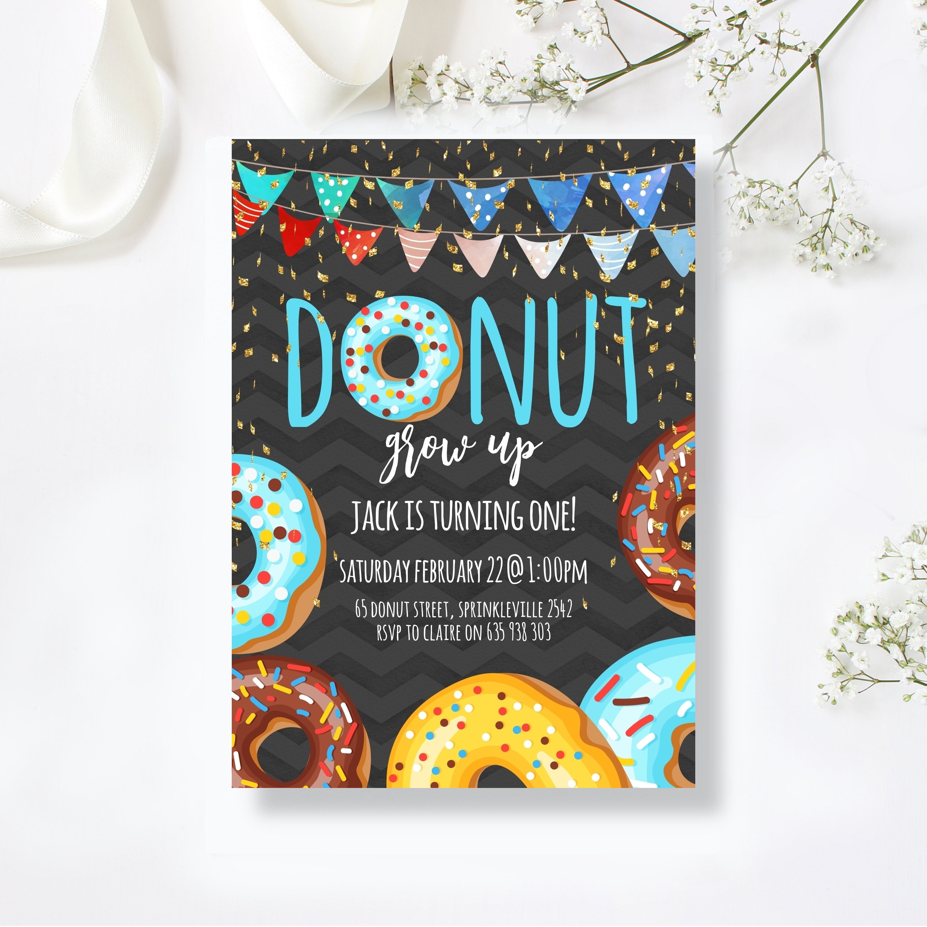 Editable Donut Grow Up Birthday Invitation Blue Boy Confetti First Birthday Party Chalkboard Bunting Instant Download Corjl