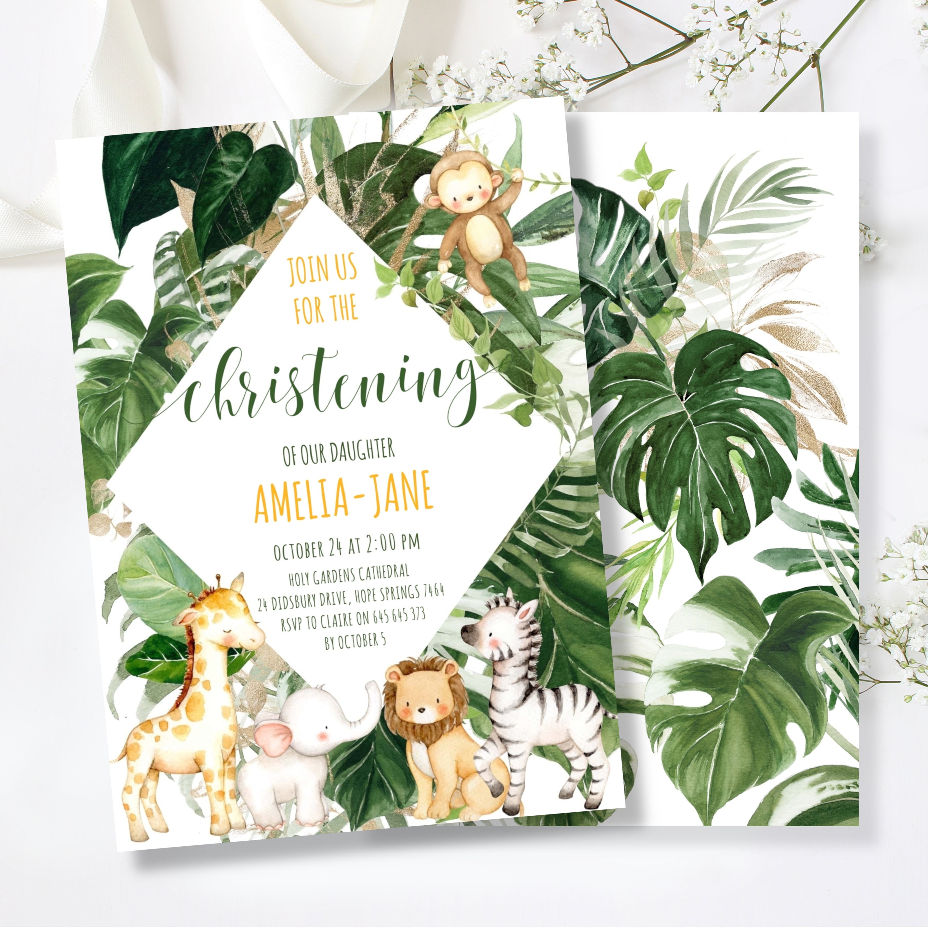 Cute Safari And Greenery Christening Baptism Invitation 