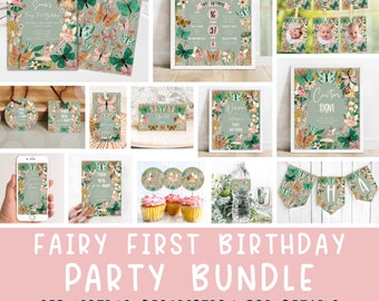 May include: A printable party bundle for a first birthday with a fairy theme. The bundle includes a welcome sign, a banner, cupcake toppers, water bottle labels, thank you tags, and invitations. The design features butterflies, flowers, and a green and gold color scheme.