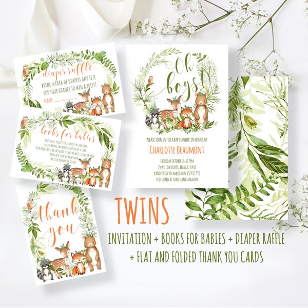 TWIN BOYS Oh Boys Baby Shower Invitation and CARDS set, Diaper, Books,Twins Woodland Baby Shower Baby Boys, Forest Animals, Baby Animals