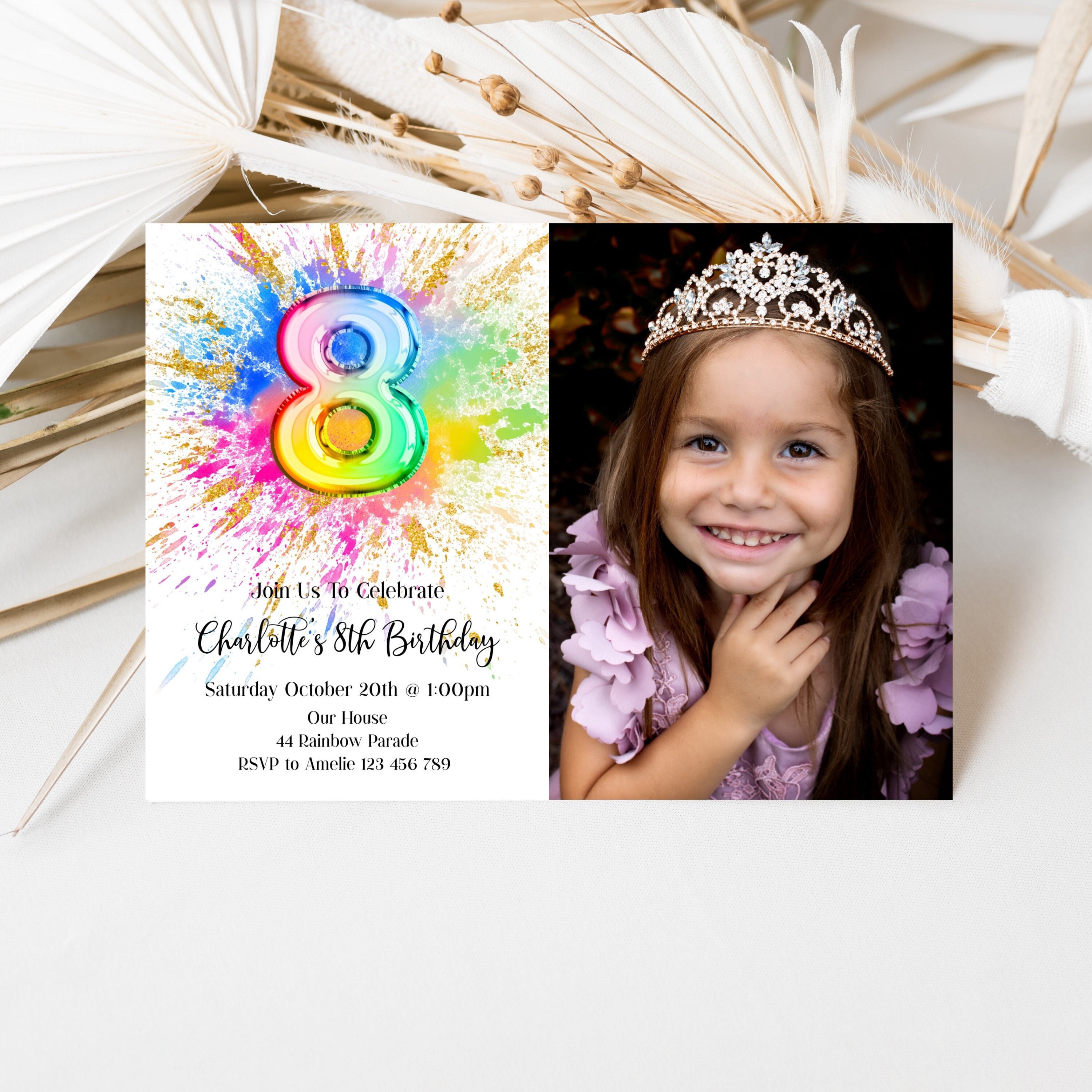 Convite de aniversário com foto para impressão de respingos de tinta arco-íris 8, editável, colorido, brilhante, pintura, festa, convite de aniversário, pintura