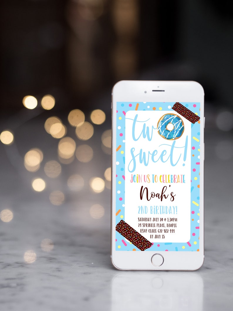 Editable Blue Two Sweet Donut 2nd Birthday Party Evite Boy Editable Donut Digital Invite Sprinkles Blue Electronic Invitation