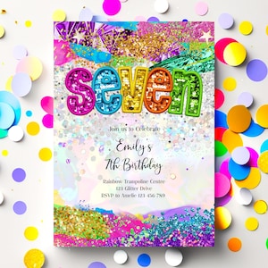 7th Birthday Invitation Girl, Sequin and Glitter Party, Jump Party Editable Invite, Trampoline Birthday Invitation