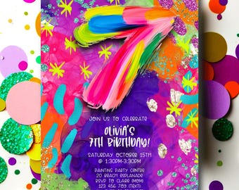 Invitación para el séptimo cumpleaños, invitación imprimible y editable para fiesta de arte, invitación de cumpleaños para fiesta de pintura