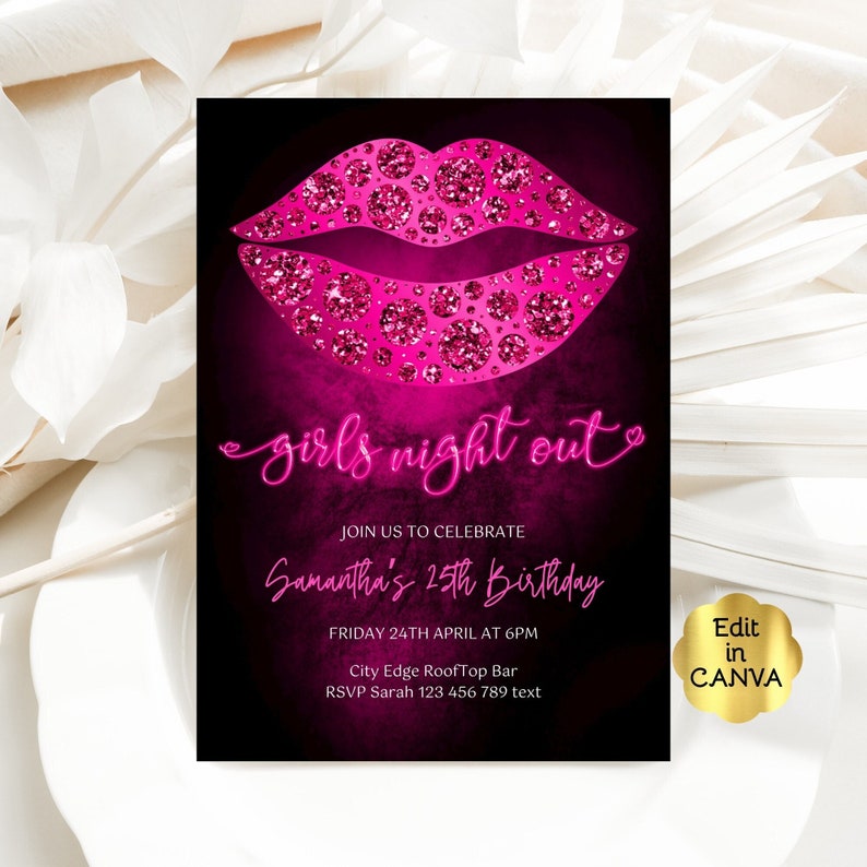 Editable Girls Night Out Invitation, Pink Neon Glitter Birthday Invite ...
