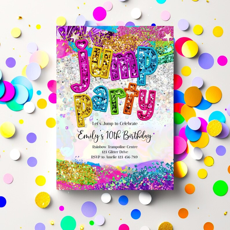Op de afbeelding: Een kleurrijke uitnodiging voor een 10e verjaardagsfeest met de woorden "Jump Party" in regenboogletters met glitter en een glinsterende achtergrond. De uitnodiging zegt "Let's Jump to Celebrate Emily's 10th Birthday" en bevat de locatie en RSVP-informatie.