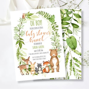 Baby Shower Brunch Invitation, Oh Boy, Botanical Woodland Animals, Baby Shower Invite, Editable invites, Forest Animals, Gender Neutral