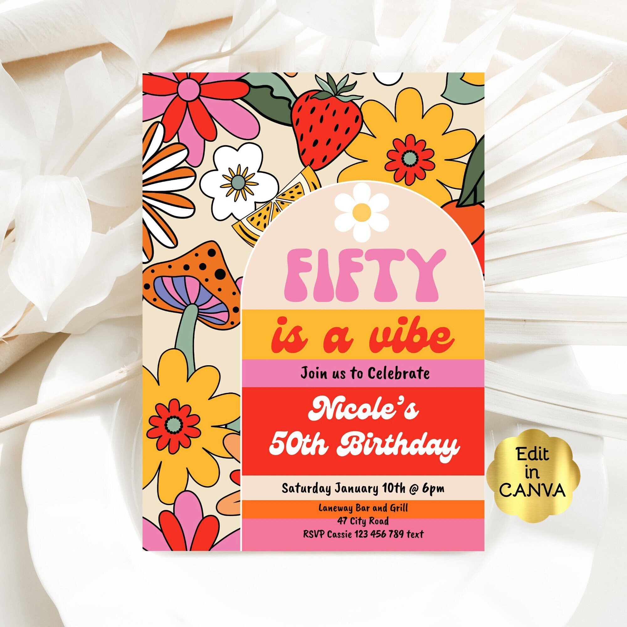 50th Birthday Invitation, Retro Fifty Is a Vibe Invite, 70s Invitation, 50th Birthday Retro Floral nvitation CAVVi1