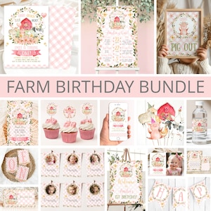 Farm Birthday Bundle, Farm Animals Invitation Party Package, 1st Birthday Pink Editable Printable Corjl Template F2