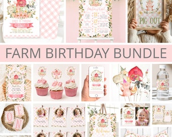 Puede incluir: Un conjunto de suministros para fiestas de cumpleaños con temática de granja, que incluyen invitaciones, adornos para cupcakes, pancartas y un letrero de bienvenida. Los diseños presentan un granero rojo, animales de granja y acentos florales en rosa y amarillo. Se muestra el texto "Farm Birthday Bundle".