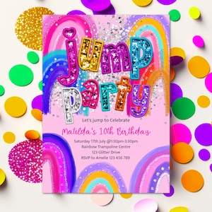 Puede incluir: Una invitaci&oacute;n de fiesta de cumplea&ntilde;os rosa con un fondo de arco&iacute;ris y el texto "Jump Party" en letras brillantes. La invitaci&oacute;n incluye detalles para la fiesta de cumplea&ntilde;os n&uacute;mero 10 de Matilda, incluida la fecha, la hora, la ubicaci&oacute;n y la informaci&oacute;n de RSVP.