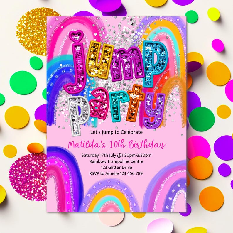 Puede incluir: Una invitaci&oacute;n de fiesta de cumplea&ntilde;os rosa con un fondo de arco&iacute;ris y el texto "Jump Party" en letras brillantes. La invitaci&oacute;n incluye detalles para la fiesta de cumplea&ntilde;os n&uacute;mero 10 de Matilda, incluida la fecha, la hora, la ubicaci&oacute;n y la informaci&oacute;n de RSVP.