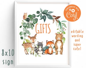 Baby Shower Gifts Sign, Woodland Animals Baby Shower, 8 x 10 sign, Forest Animals, Baby Animals, Editable Woodland Signs, Forest Theme, w1