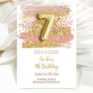 Glitter 7th Birthday Invitation, Gold Glitter Neutral Pink Birthday Girl Invite, moi1