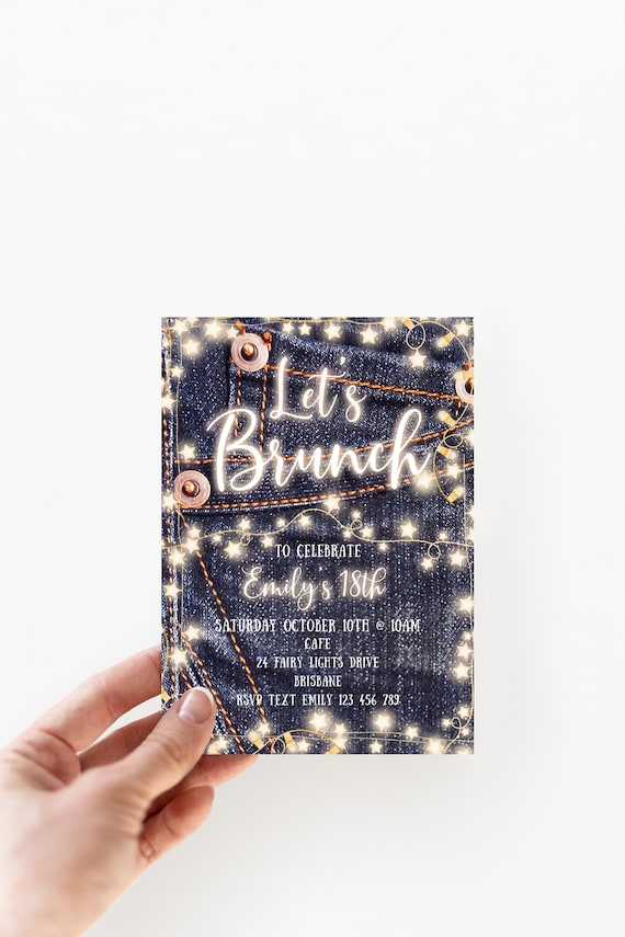 Lets Brunch Birthday Invitation Girl, Any Age Denim DIY Editable Invite, Brunch Party Invite, Fairy Lights, denfl1