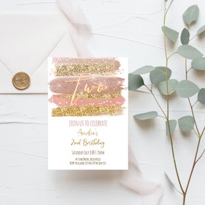 2nd Birthday Invitation Girl, Pink Gold Glitter Neutral Pink Birthday Girl Invite, msi1 image 3