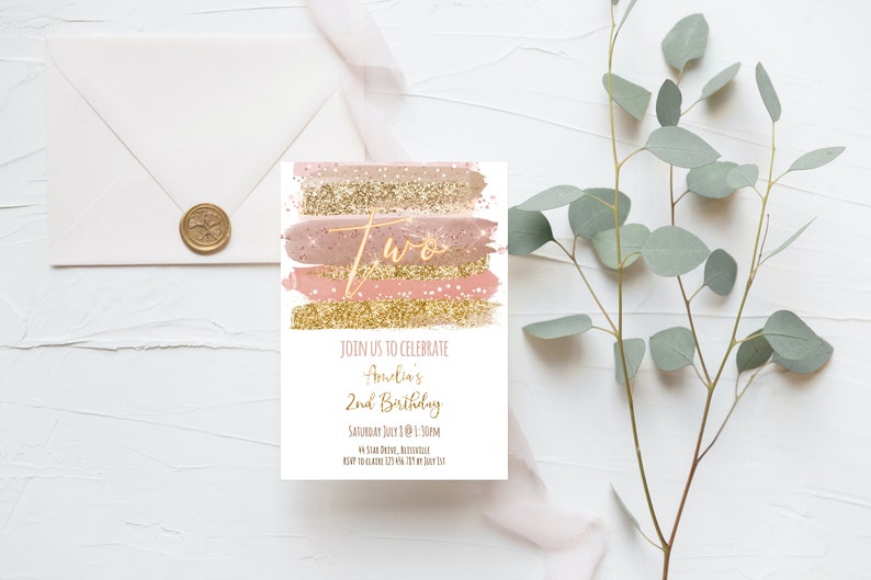 2nd Birthday Invitation Girl, Pink Gold Glitter Neutral Pink Birthday Girl Invite, msi1 image 3