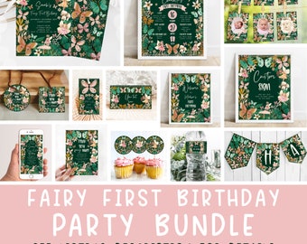 May include: A printable party bundle for a first birthday with a fairy theme. The bundle includes a welcome sign, a banner, cupcake toppers, water bottle labels, a sign that says "Custom Sign", and a printable invitation with butterflies and flowers. The colors are green, pink, and gold.