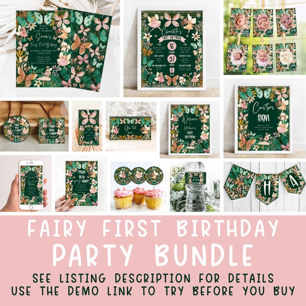 Fairy First Birthday Party Bundle, Fairy Theme Party Decor, Fairy Invitation Tag Milestone Sign Bottle Label. Monthly Photo, fairyboho1