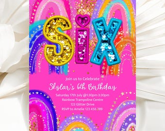 Invitación para sexto cumpleaños de niña, invitación editable con lentejuelas arcoíris en rosa intenso, invitación con estrellas doradas, plantilla imprimible y editable