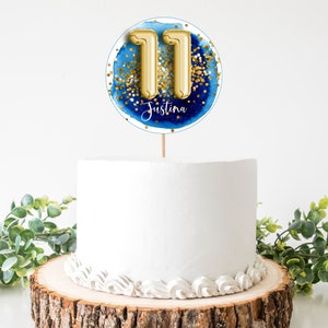 11th Birthday Cake Topper, Blue Gold Glitter Birthday Girl Boy Digital Balloon Number Printable Topper, bg1