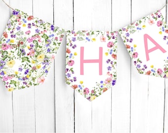 Printable Happy Birthday Banner, Wildflower Birthday Banner, Floral Birthday, Printable Template