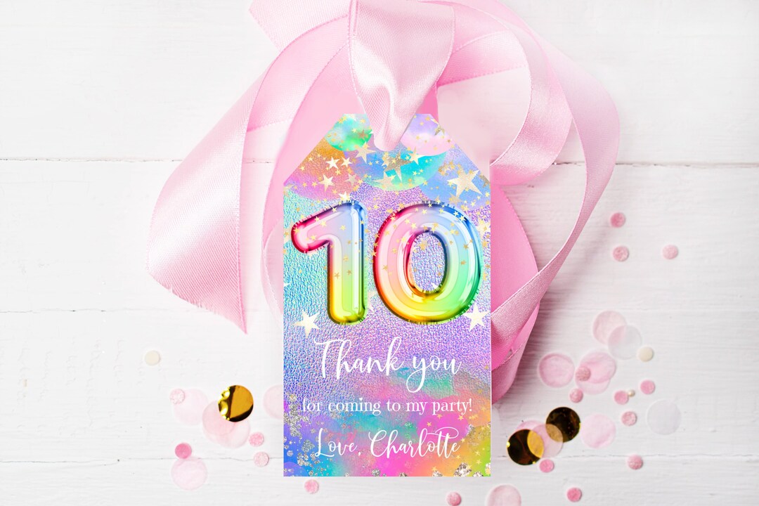 10th Birthday Printable Favor Tag, Stars Rainbow Birthday Party Gift