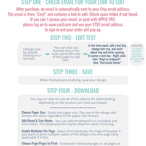 Op de afbeelding: Instructies voor het bewerken en downloaden van een printbaar ontwerp. De stappen omvatten het controleren van uw e-mail voor een link om te bewerken, het bewerken van tekst, het opslaan van het ontwerp en het downloaden van het bestand. De instructies bevatten ook informatie over het kiezen van de papiergrootte, het toevoegen van bleed- en trim-markeringen en het afdrukken van meerdere kopie&euml;n per pagina.