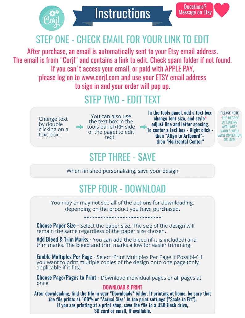 Op de afbeelding: Instructies voor het bewerken en downloaden van een printbaar ontwerp. De stappen omvatten het controleren van uw e-mail voor een link om te bewerken, het bewerken van tekst, het opslaan van het ontwerp en het downloaden van het bestand. De instructies bevatten ook informatie over het kiezen van de papiergrootte, het toevoegen van bleed- en trim-markeringen en het afdrukken van meerdere kopie&euml;n per pagina.