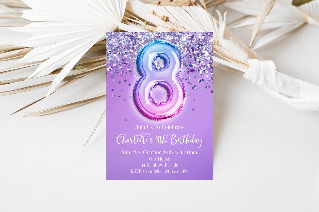 8th-birthday-invitation-purple-blue-pink-ombre-glitter-editable