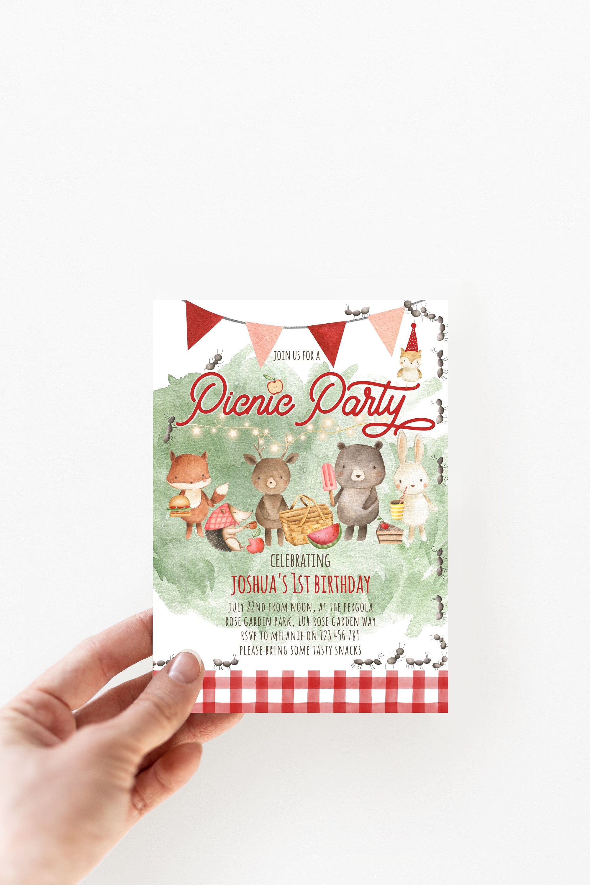 1st Birthday Invitation Picnic Party Woodland Animals Rabbit Bear Fox Gingham Red Gender Neutral