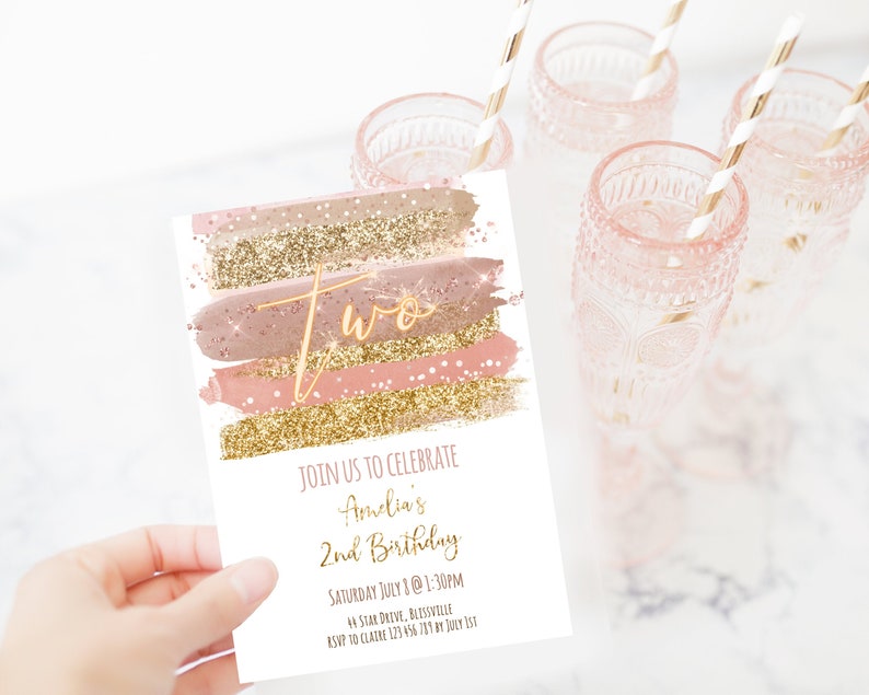 2nd Birthday Invitation Girl, Pink Gold Glitter Neutral Pink Birthday Girl Invite, msi1 image 1