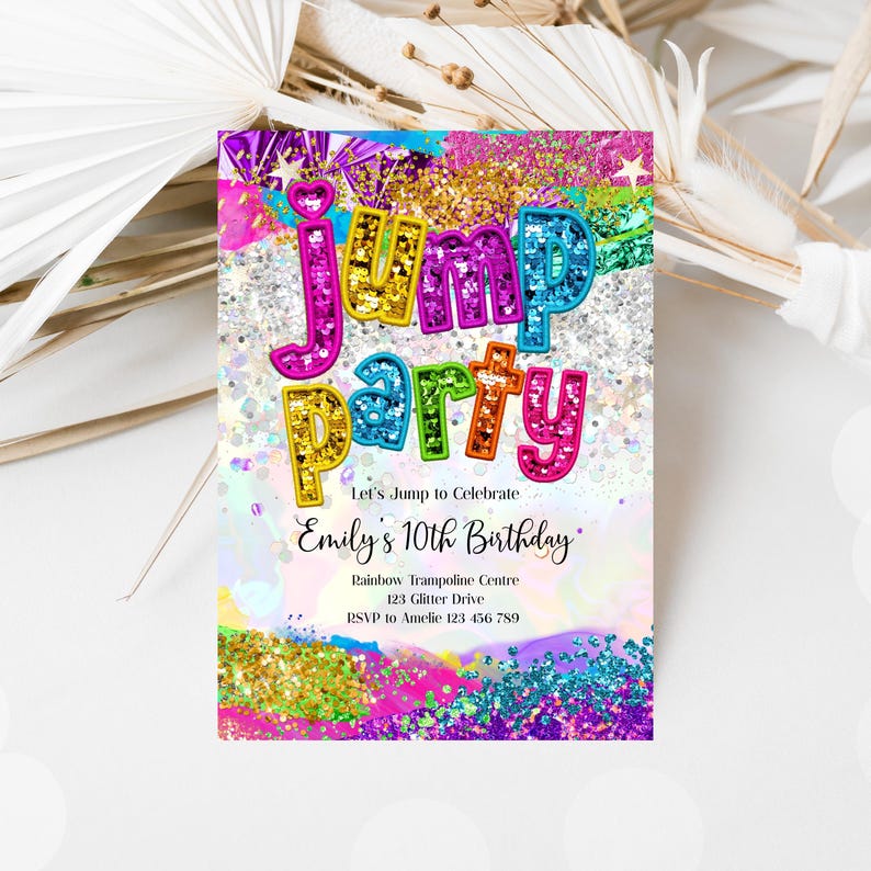 Op de afbeelding: Een kleurrijke uitnodiging voor een verjaardagsfeest met de woorden "Jump Party" in glinsterende letters. De uitnodiging is versierd met glitter en regenboogkleuren. De tekst op de uitnodiging luidt: "Let's Jump to Celebrate Emily's 10th Birthday. Rainbow Trampoline Centre 123 Glitter Drive RSVP to Amelie 123 456 789"
