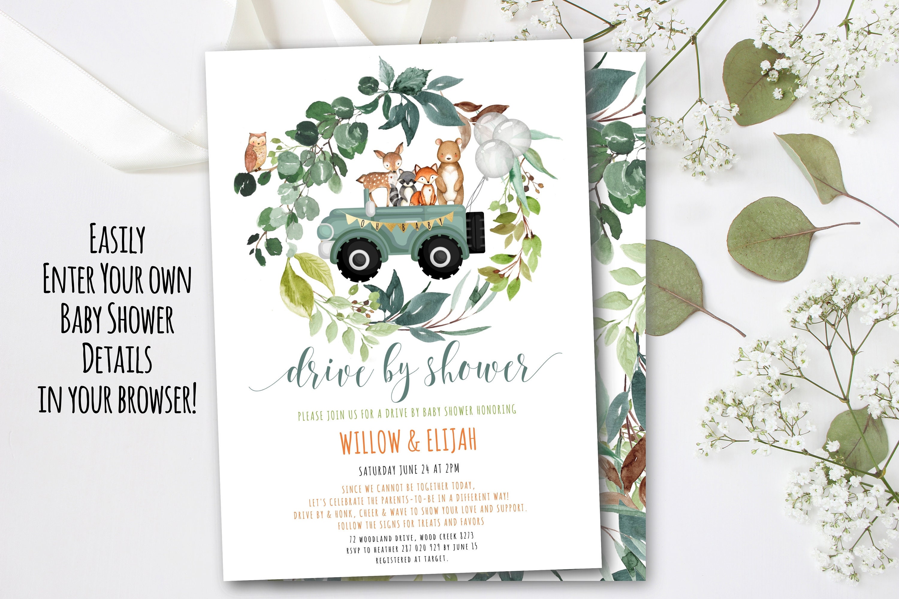 Paper Truck Baby Shower Bear Woodland Printable Invitation SMS text b1