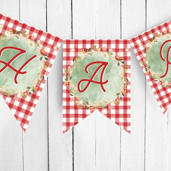 Picnic Party Banner Woodland Animals Rabbit Bear Fox Gingham Red Gender Neutral Blush Red Floral Gingham Bunting Birthday Decor