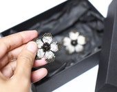 Stud flowers earrings made from Miyuki beads in white, soft gray and brown colors