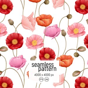 Motif floral sans couture, fleurs de coquelicots, téléchargement numérique, fichier PNG, clip art