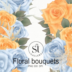Blue & orange collection : Bouquets of rose flowers water colors , digital download, PNG File, clip art