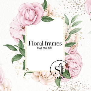 Cadres de fleurs aquarelles, fleurs roses, arrangement floral, cadeau, carte d’invitation, clipart floral numérique PNG, téléchargement numérique
