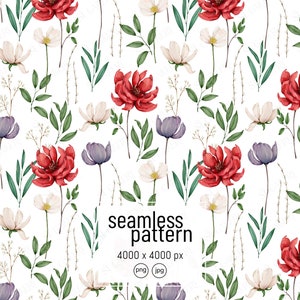 Florale nahtlose Muster, Rote und lila Blumen, Aquarell Motiv, digitaler Download, PNG Datei, Clip Art